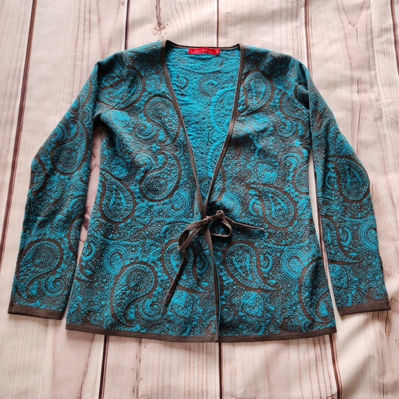 Krimson Klover Wrap Sweater Paisley Print Long Sleeve Teal Blue | Women's Size M - Picture 1 of 8